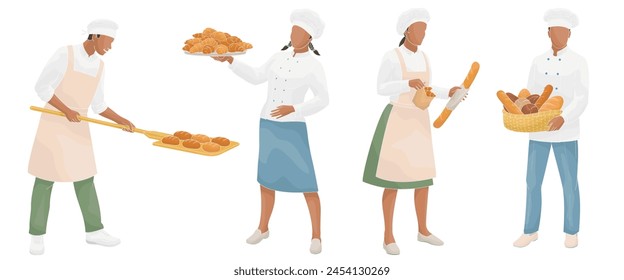 Smiling male and female African American baker in uniform with bread and pastry
