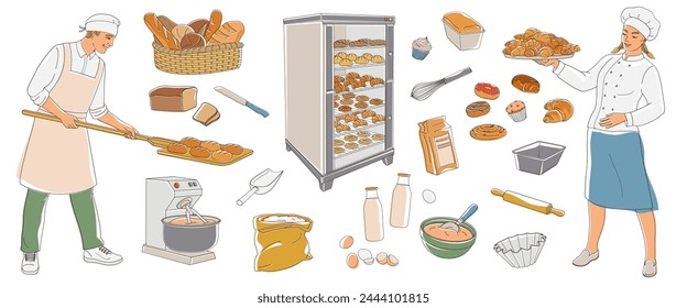 Smiling male and female baker in uniform and set elements about baking - bread, flour, electric bread oven, eggs, milk, croissant, donuts, baked goods, dough mixer, bowls