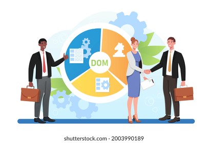 Smiling male and female business people are shaking hands with DOM chart on the background. Concept of document object model for business management. Flat cartoon vector illustration