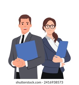 Smiling male and female businessperson holding Folder files Document. Flat vector illustration isolated on white background