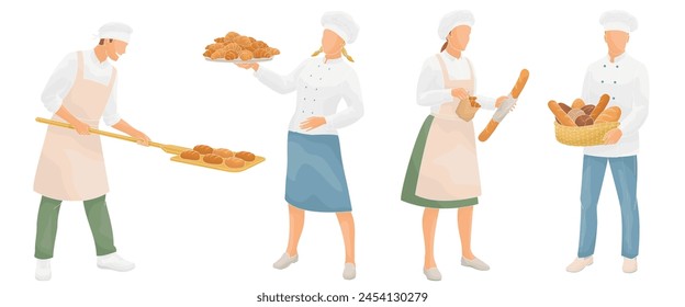 Smiling male and female characters baker in uniform with bread and pastry