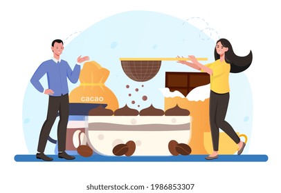 Smiling male and female characters are cooking tiramisu dessert together. Concept of people cooking delicious italian cake. Sweet slice of restaurant bakery. Flat cartoon vector illustration
