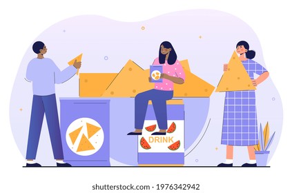 Smiling male and female characters are eating snacks together. Group of young friends are enjoing snack food. People eating nachos and drinking fruit juice. Flat cartoon vector illustration