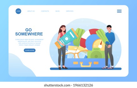 Smiling male and female characters are packing baggage for vacation. Man and woman putting clothes in a suitcase. Website, web page, landing page template. Flat cartoon vector illustration