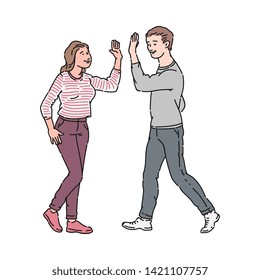 Smiling male and female colleagues giving high five vector illustration isolated on white background. Coworkers celebrating goal achievement win or successful teamwork.