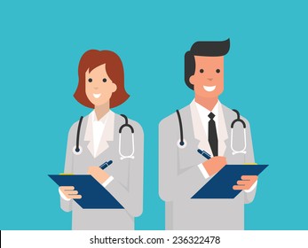 Smiling Male And Female Doctors With Clipboard In Doctor Giving Advice Concept. Flat Design. 