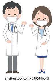 Smiling male and female doctors wearing masks.