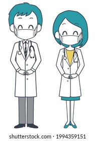 Smiling male and female doctors wearing masks.