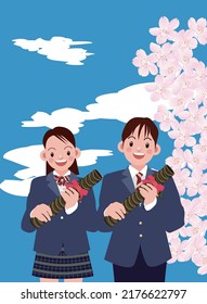 Smiling male and female high school students holding their diplomas with cherry trees in the background.vector illustration