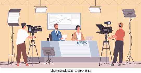 Smiling Male And Female News Presenters Or Newscasts And Cameramen Or Videographers With Cameras At Modern TV Studio. Live Television, Real Time Broadcast. Flat Cartoon Colorful Vector Illustration.