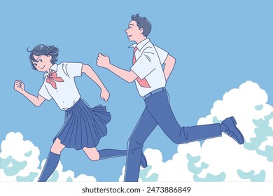 Smiling male and female students running with smiles