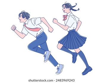 Smiling male and female students running with smiles
