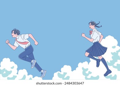 Smiling male and female students running with smiles