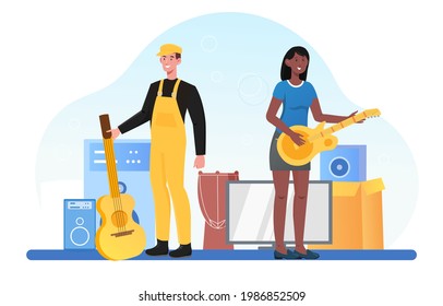 Smiling male and female technicians are preparing audio equipment for concert. Stage, festival, speaker. Man and woman are checking guitars for music band before show. Flat cartoon vector illustration