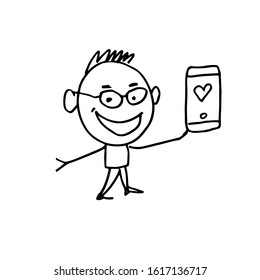 A smiling male figure with a phone is pleased to have received the "Like" message. For postcards, banners, posters, social media