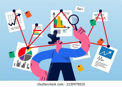 Smiling male financial analyst with magnifier glass work with graphs and charts. Man employee or worker consider paperwork statistics in office. Finance and banking. Vector illustration. 