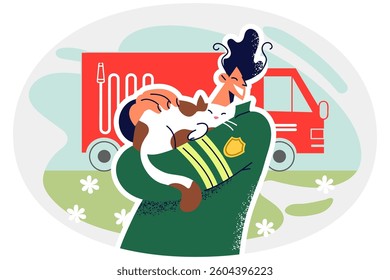 Smiling male firefighter hold cat in hands save pet from danger. Happy fireman rescue kitten from fire. Vector illustration.