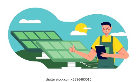 Smiling male holding document and checking work of solar panels. Engineer standing at location for obtaining green energy. Eco energy concept. Flat vector illustration in green and yellow colors
