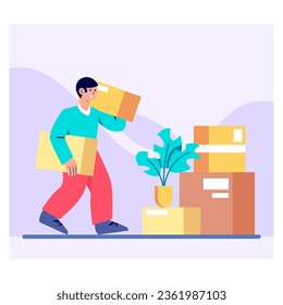 Smiling male holding two boxes and carry it to house. Man moving to other apartment. Delivery and moving concept. Flat vector illustration in blue and yellow colors in cartoon style