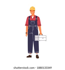 Smiling male industrial worker holding toolbox vector flat illustration. Happy man in uniform and hard hat standing isolated on white. Professional repairman or foreman in overalls with equipment