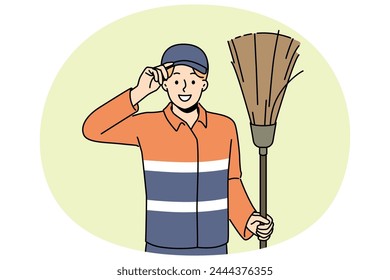 Smiling male janitor in uniform holding brush saluting. Happy man cleaner or swabber greeting with people. Occupation concept. Vector illustration.