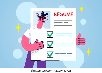 Smiling male job applicant on paper resume show thumb up apply for vacant position in office. Happy man candidate with CV ready for interview. Employment, recruitment. Vector illustration. 