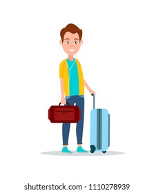 Smiling male with luggage and bag listening to music with help of headphones man in airport control vector illustration isolated on white background