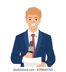 Smiling male news reporter in a suit holding a microphone and a script,ready to deliver a broadcast. Flat vector illustration isolated on white background