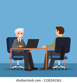 Smiling male office worker in business suit sitting at desk with laptop in front of colleague. Positive first impression on job interview, vector illustration. Manager interviewing candidate