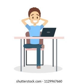 Smiling male office worker is relaxing sitting on a chair at the desk and watching movies on the laptop computer. Coffee break time. Isolated flat vector illustration