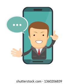 Smiling male operator with headset speaking from screen of a smart phone. Customer service concept.