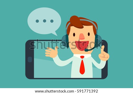 Smiling male operator with headset speaking from  screen of a smart phone. Customer service concept.