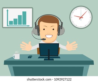 Smiling male operator with headset working at call center. Customer service concept. Stock flat vector illustration.