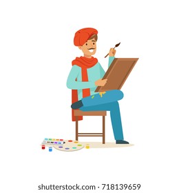 Smiling Male Painter Artist Character Wearing Red Beret Sittting On The Chair And Painting On Canvas Vector Illustration