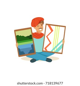Smiling male painter artist character with mustache wearing red beret sitting on the floor holding his paintngs vector Illustration