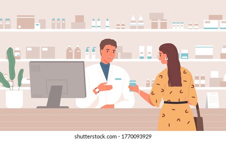 Smiling male pharmacist consulting female customer standing at counter in pharmacy vector flat illustration. Friendly woman buying remedy at drugstore. Client and druggist at pharmaceutical shop