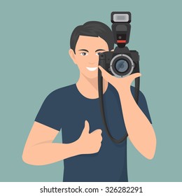 Smiling male photographer with professional photo camera flat vector illustration