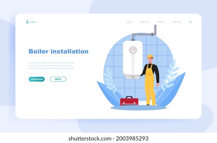 Smiling male plumber in overall is installing water heater or boiler. Home repair, maintenance and plumbing services. Website, web page, landing page template. Flat cartoon vector illustration