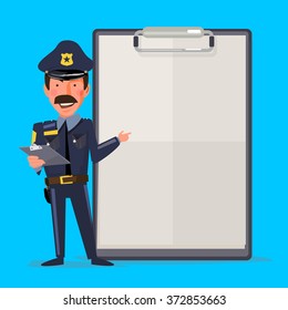 Smiling Male Police Officer With Report Paper. Presentation Concept. Character Design - Vector Illustration