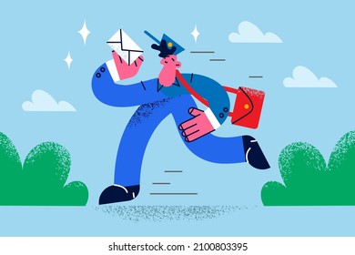 Smiling male postman with letter deliver to client. Happy man deliveryman or courier show good quality service with package or parcel delivery. People occupation. Vector illustration. 