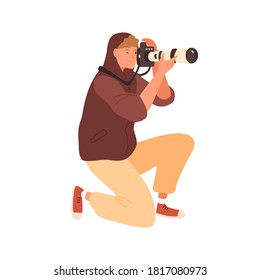 Smiling male professional photographer standing on knee take photo holding camera with telephoto lens vector flat illustration. Modern reporter photographing with dslr equipment isolated on white