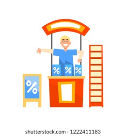 Smiling male promoter character promoting advertisement on a promo stand vector Illustration on a white background
