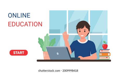 Smiling male pupil studying online at home. Young Boy with laptop in room. Online Education or Back to school banner or concept. Vector illustration in flat style.