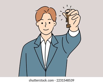 Smiling male real estate agent holding keys to new house or apartment. Happy man broker or realtor congratulate client with property own. Vector illustration. 