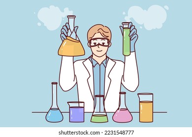 Smiling male researcher in white medical coat make experiments in laboratory. Happy man scientists experiment with tubes in lab. Science. Vector illustration. 