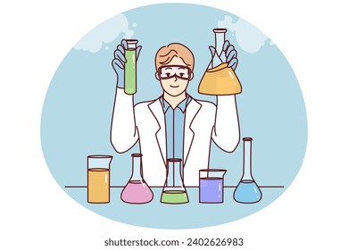 Smiling male researcher in white medical coat make experiments in laboratory. Happy man scientists experiment with tubes in lab. Science. Vector illustration.