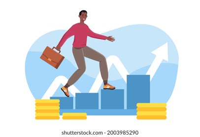 Smiling male sales manager with suitcase walking on growth chart. Concept of sales growth and manager, accounting, sales promotion and operations on white background. Flat cartoon vector illustration