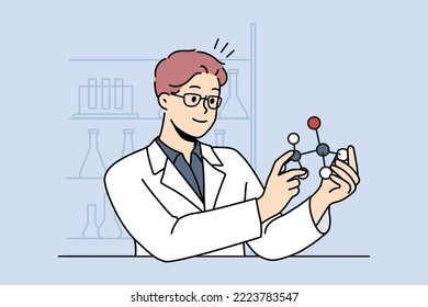 Smiling male scientist working with atom model in laboratory. Happy man researcher in uniform busy in lab. Science and biotechnology. Vector illustration. 