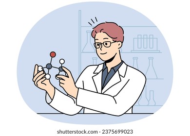 Smiling male scientist working with atom model in laboratory. Happy man researcher in uniform busy in lab. Science and biotechnology. Vector illustration.