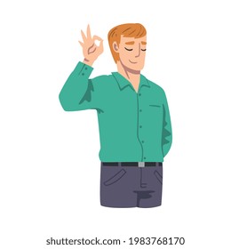Smiling Male Showing OK Gesture as Approval or Agreement Sign Vector Illustration